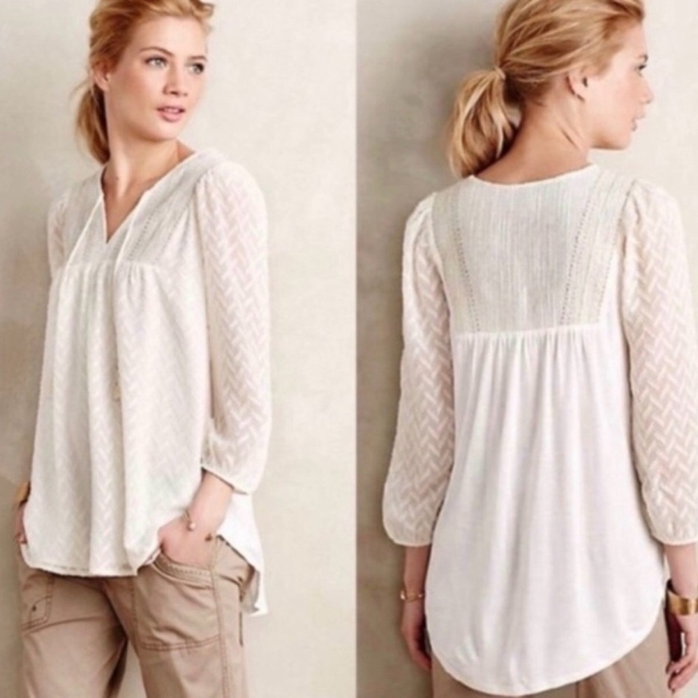 Anthropologie One September Ivory Blouse Top Shirt-V Neck-Gold Accents-Size s
